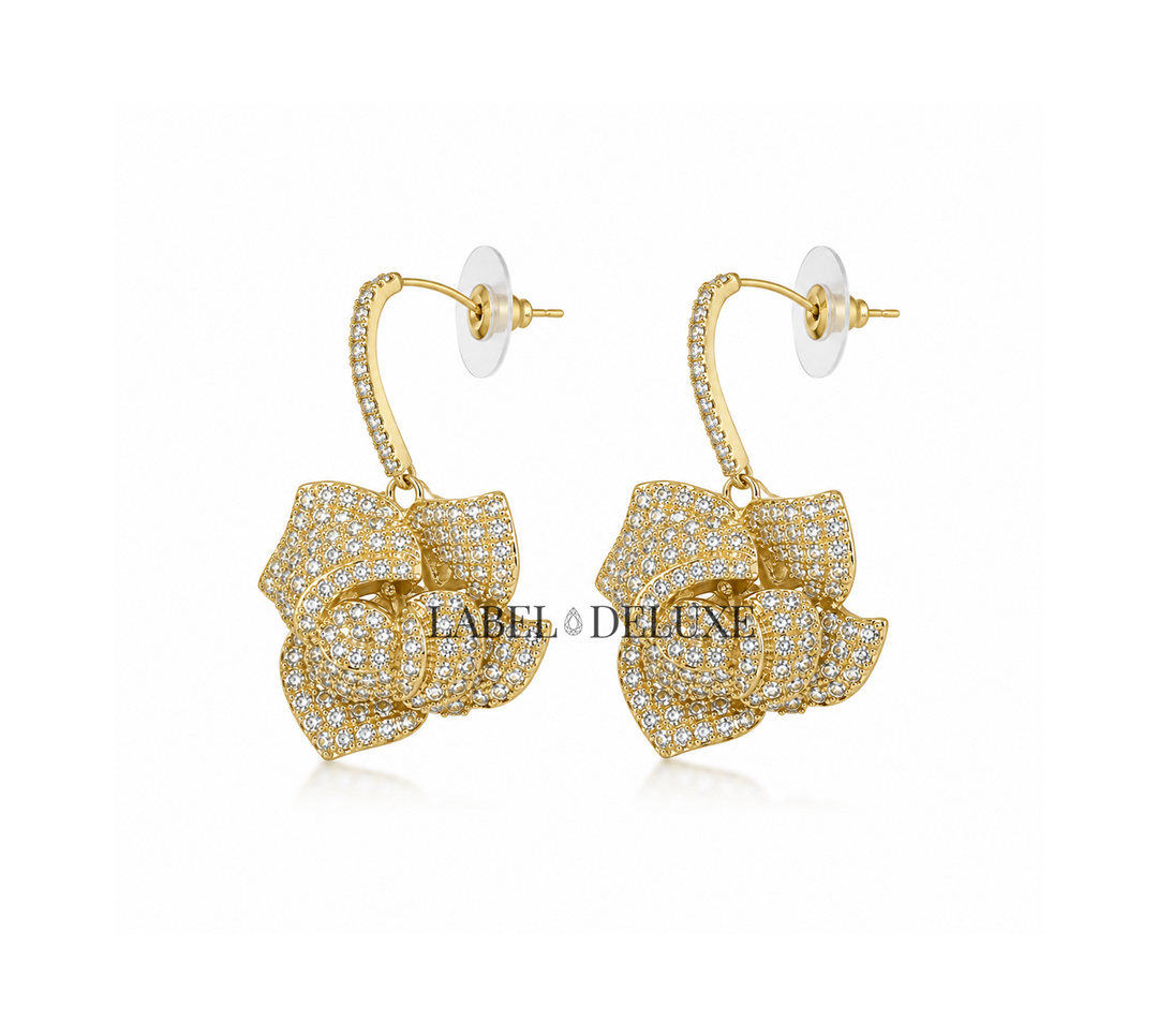 Label Deluxe Earrings LDLFP2128 - Dames Oorbellen - Roses with Stones - Goud - 4,3 CM