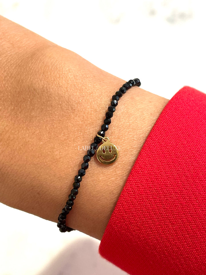 Rose & Camellia bracelet 3958 - Dames Armband - zwart - goud - Smiley - Elastisch - 17 cm