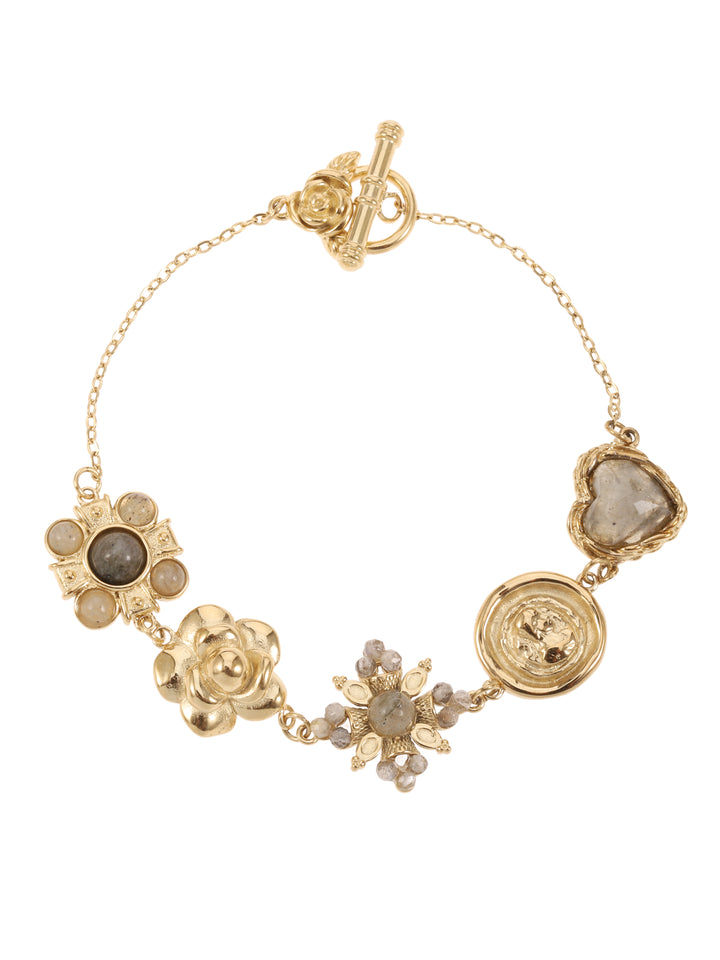 Rose & Camellia Armband 415508 - Vintage Bracelet Flowers and Heart - Labradoriet - Goud - 17 CM