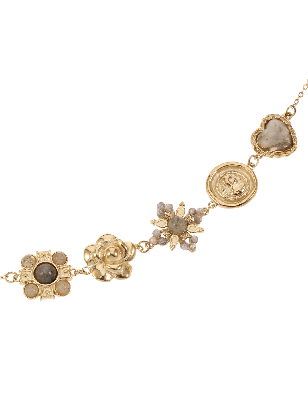 Rose & Camellia Armband 415508 - Vintage Bracelet Flowers and Heart - Labradoriet - Goud - 17 CM