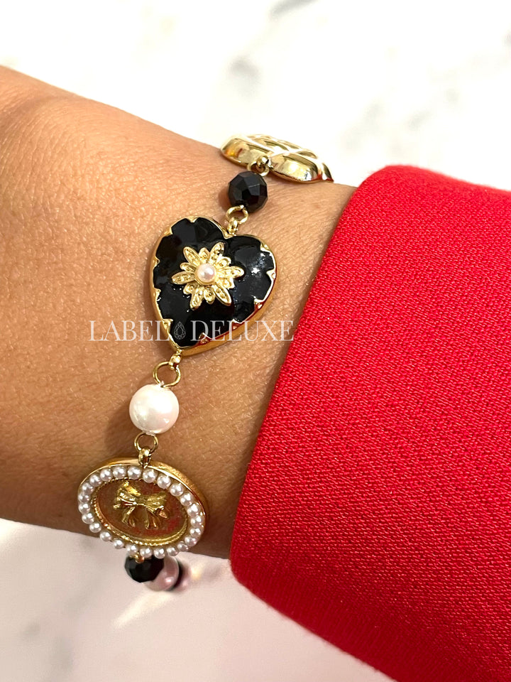 Rose & Camellia Armband 4506 - Bracelet Vintage Flower Heart - Zwart/Parelmoer - Goud - 16+3 CM