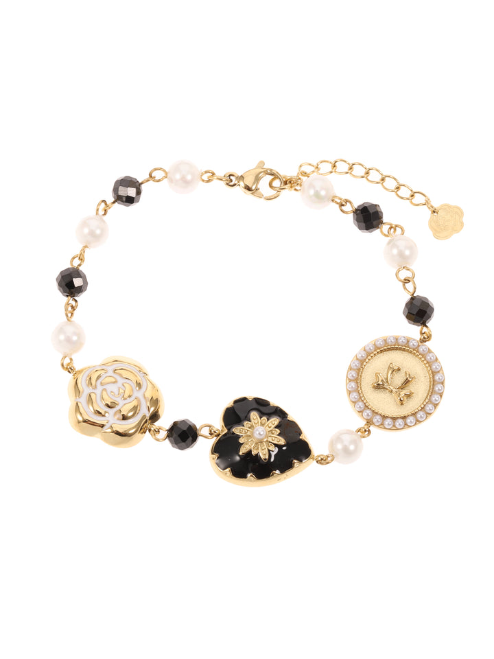 Rose & Camellia Armband 4506 - Bracelet Vintage Flower Heart - Zwart/Parelmoer - Goud - 16+3 CM