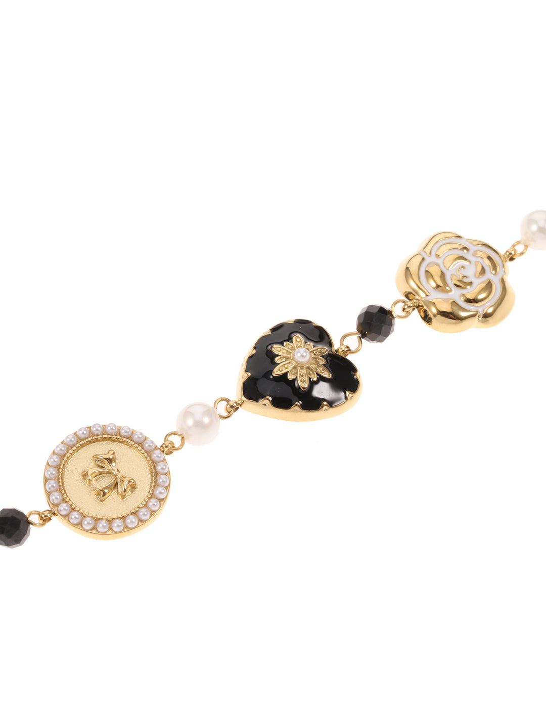 Rose & Camellia Armband 4506 - Bracelet Vintage Flower Heart - Zwart/Parelmoer - Goud - 16+3 CM
