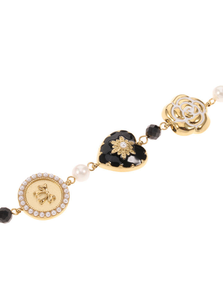 Rose & Camellia Armband 4506 - Bracelet Vintage Flower Heart - Zwart/Parelmoer - Goud - 16+3 CM