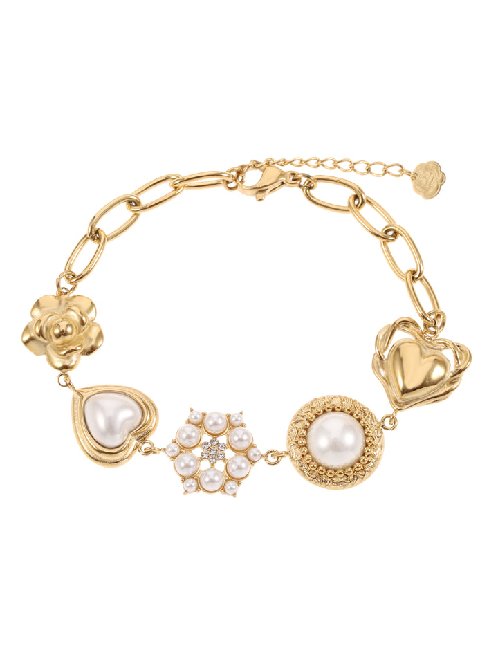 Rose & Camellia Armband 14501 - Vintage Bracelet Pearl Heart - Goud - 16+3 CM