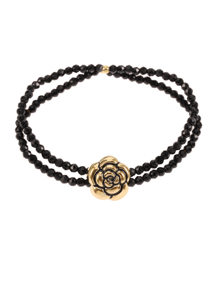 Rose & Camellia armband 8953 - Dames Armband - Vintage Rose - Zwart Goud - Elastisch - 17 cm