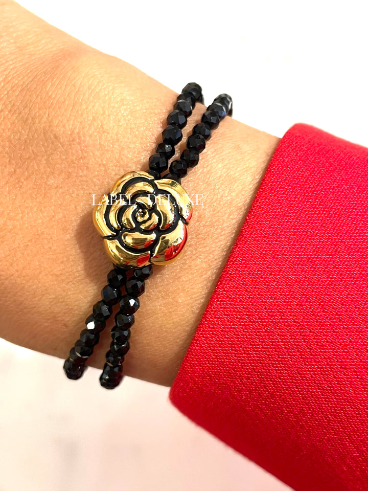 Rose & Camellia armband 8953 - Dames Armband - Vintage Rose - Zwart Goud - Elastisch - 17 cm