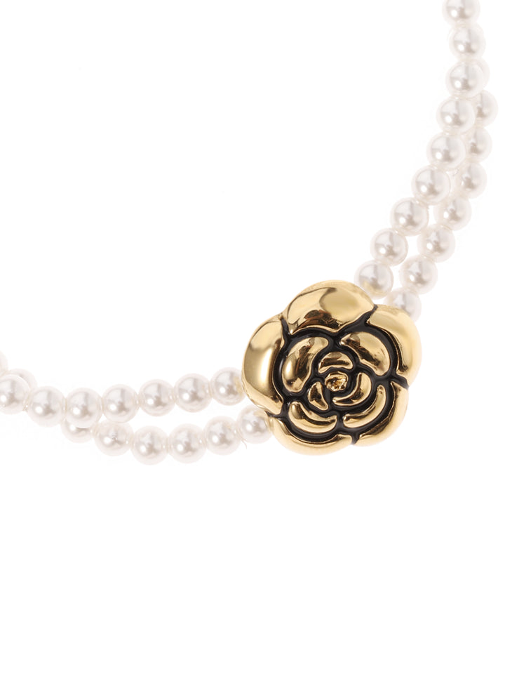 Rose & Camellia armband 8950 - Dames Armband - Vintage Flower Pearl - Goud - Elastisch - 17 cm
