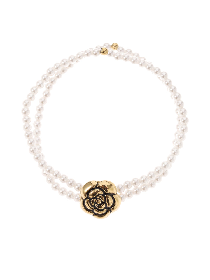 Rose & Camellia armband 8950 - Dames Armband - Vintage Flower Pearl - Goud - Elastisch - 17 cm