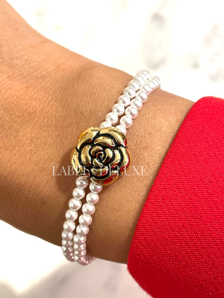 Rose & Camellia armband 8950 - Dames Armband - Vintage Flower Pearl - Goud - Elastisch - 17 cm