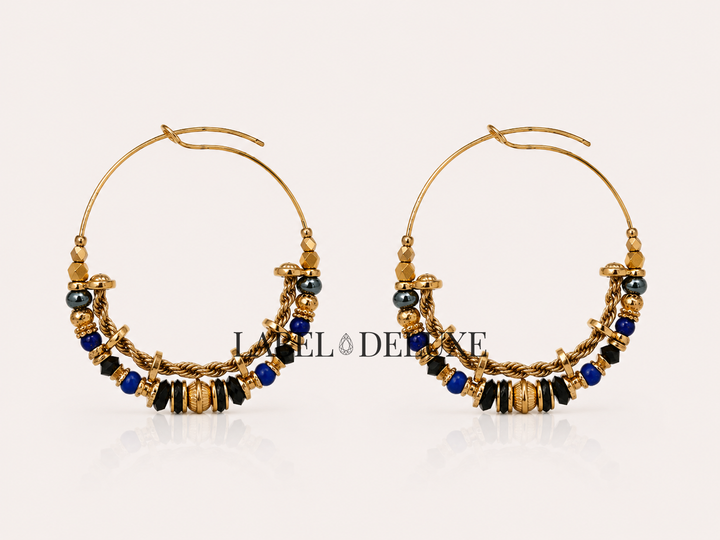 Gas Bijoux Earrings 321720 - Dames Oorbellen - Comedia Serti Earrings Hoops - Black, Blue & Gold - 5,5 CM