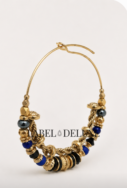 Gas Bijoux Earrings 321720 - Dames Oorbellen - Comedia Serti Earrings Hoops - Black, Blue & Gold - 5,5 CM