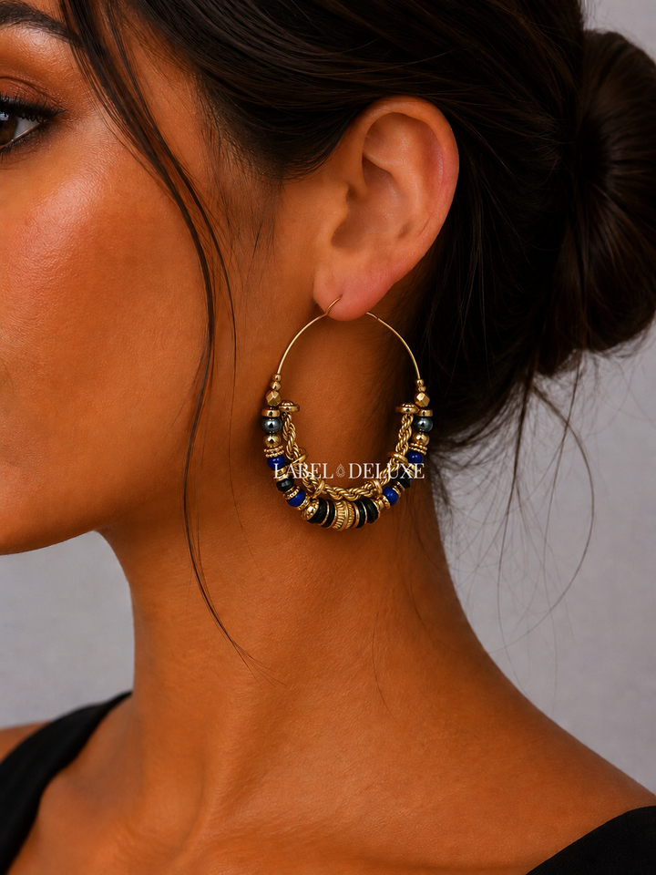 Gas Bijoux Earrings 321720 - Dames Oorbellen - Comedia Serti Earrings Hoops - Black, Blue & Gold - 5,5 CM