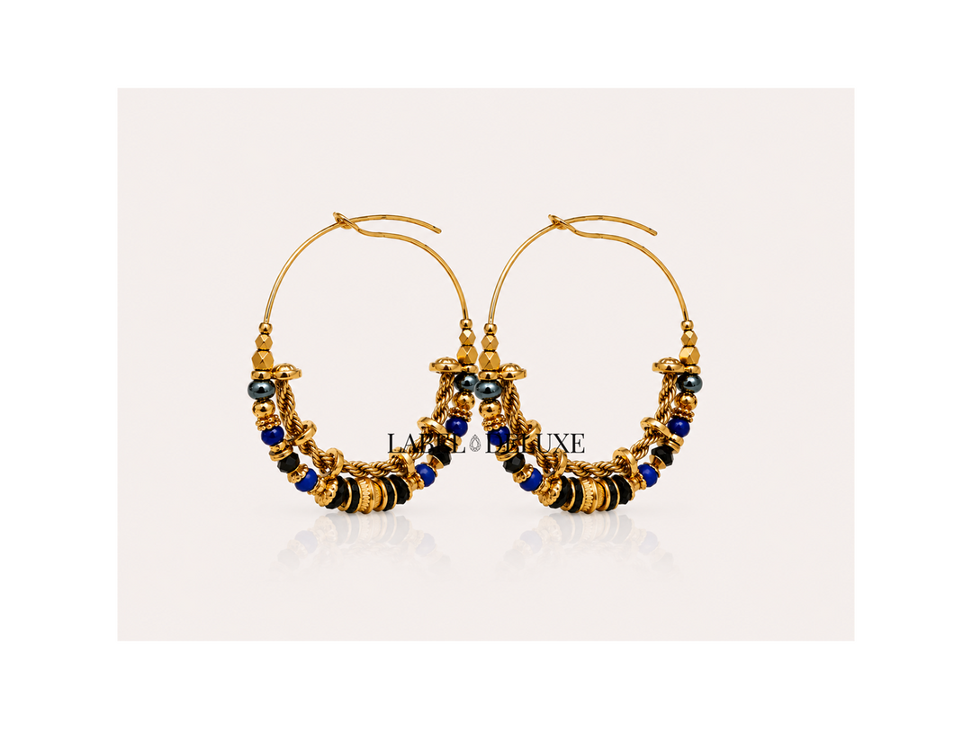 Gas Bijoux Earrings 321720 - Dames Oorbellen - Comedia Serti Earrings Hoops - Black, Blue & Gold - 5,5 CM
