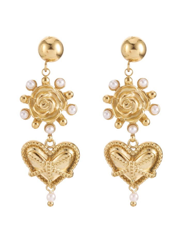 Rose & Camellia oorbellen 912507 - Dames Oorbellen - Roses & Heart Vintage Pearls - Goud - 3.5 cm