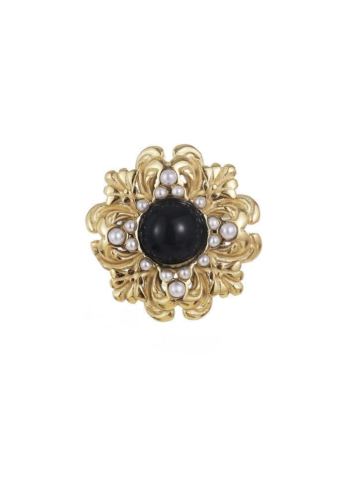 Rose & Camellia Broche 5951 - Vintage Flower - Zwart / Goud met parels - 2,2 cm
