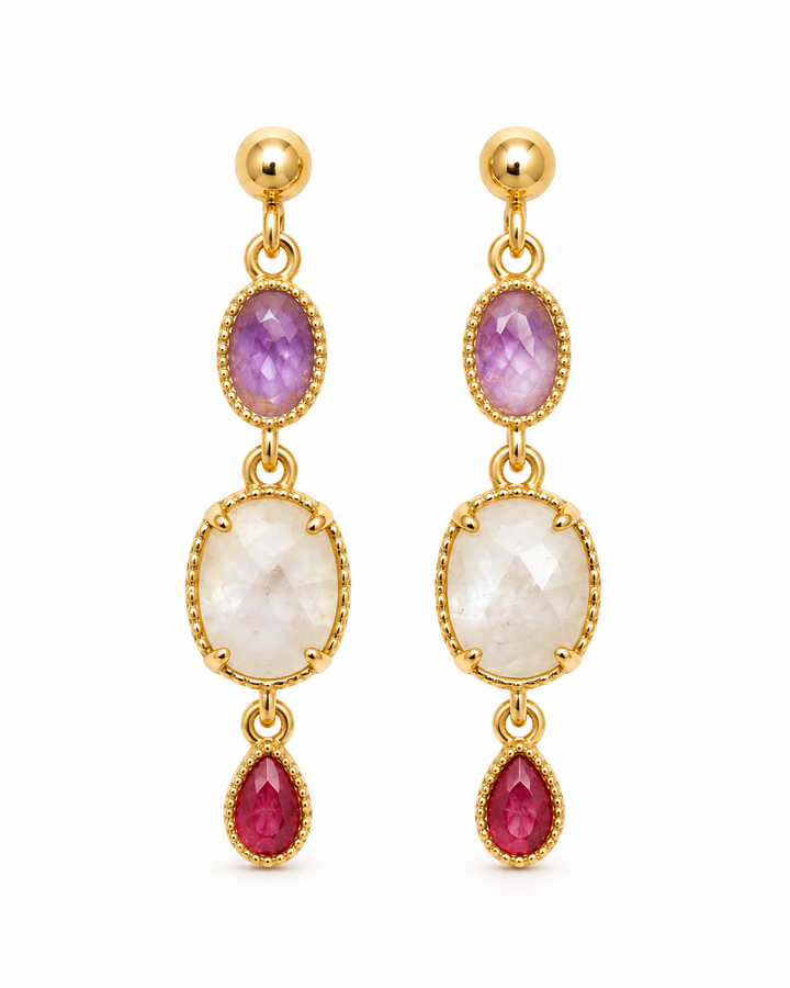 Label Deluxe Collection Earrings HP8270GEMS - Dames Oorbellen - Gemstones Amethist Bergkristal Rozenkwarts - Goud - 4 CM