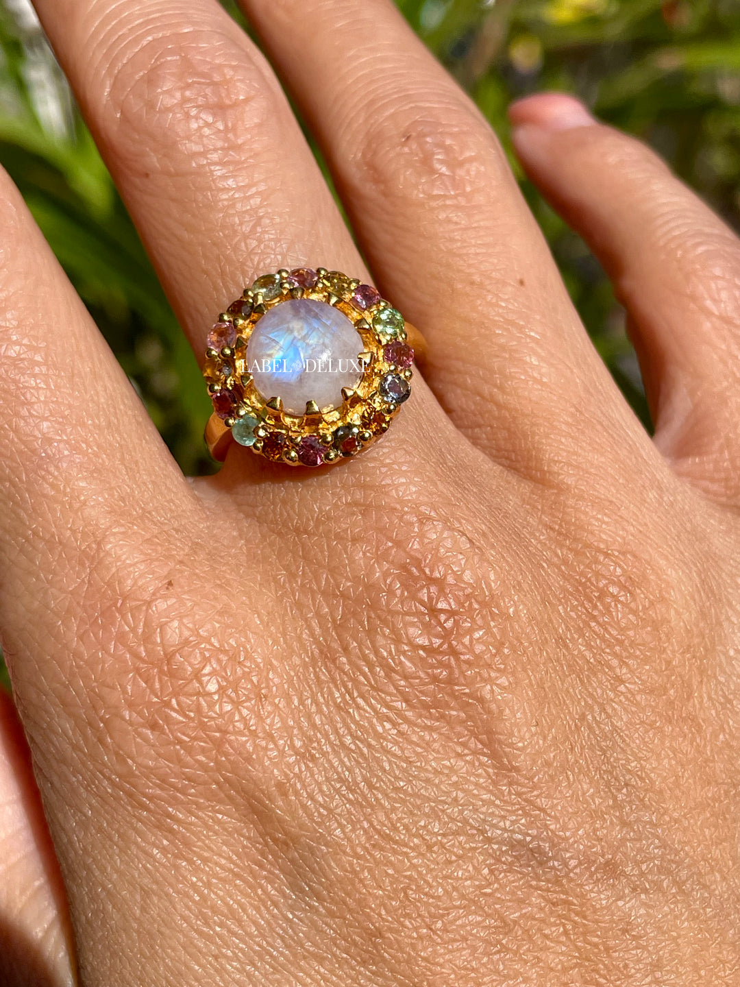 Label Deluxe Ring LDLGOmoontoer - 24K Gouden Plating - Toermalijn & Regenboogmaansteen - Maat 53