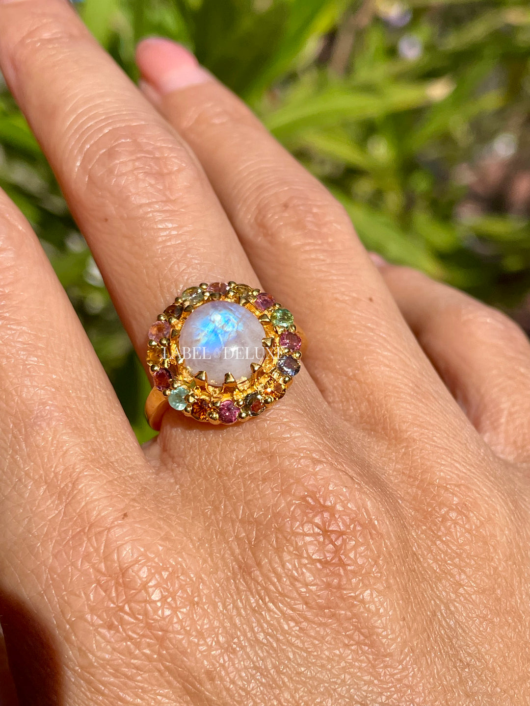 Label Deluxe Ring LDLGOmoontoer - 24K Gouden Plating - Toermalijn & Regenboogmaansteen - Maat 53