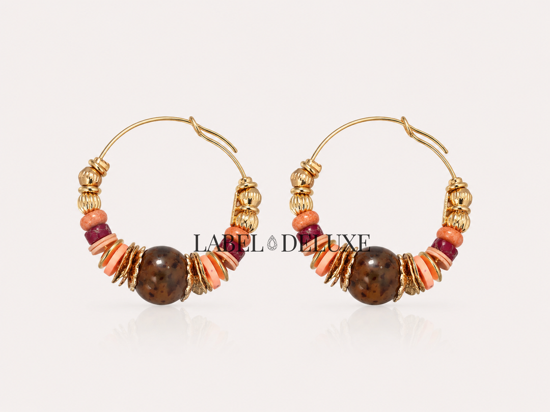Gas Bijoux Earrings 475136 - Dames Oorbellen - Aloha Creole Hoops Mini - Bruin / Coral / Goud - 3 CM