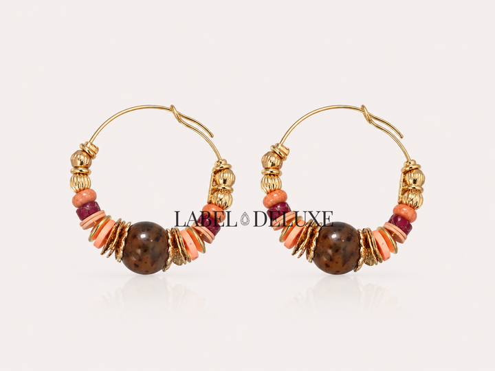 Gas Bijoux Earrings 475136 - Dames Oorbellen - Aloha Creole Hoops Mini - Bruin / Coral / Goud - 3 CM