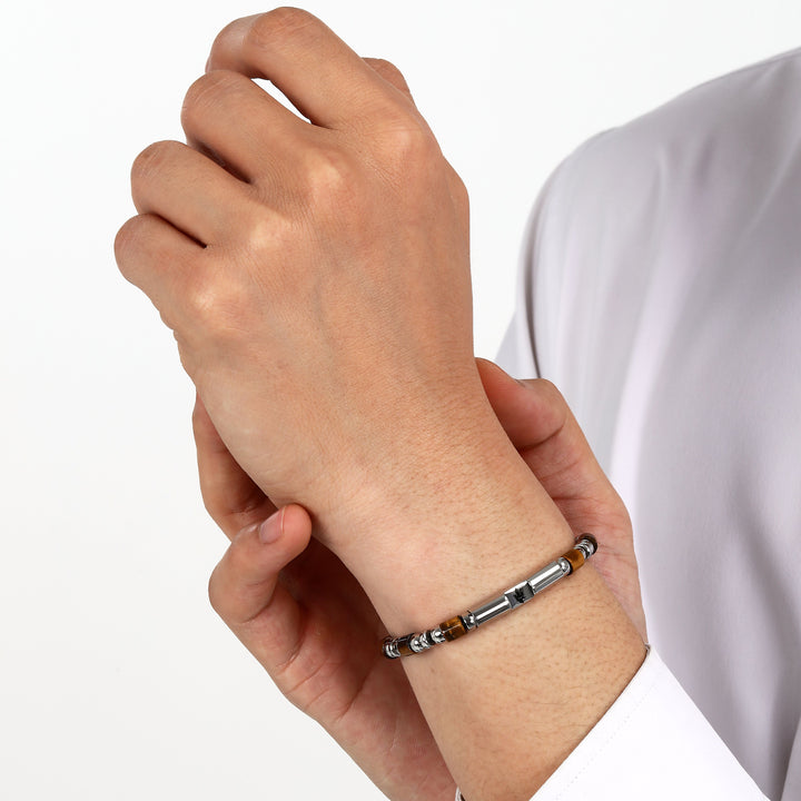 Maserati Iconic JM334AVD47 - Heren Armband - Roestvrijstaal & Tijgeroog - Bruin Zilver - 22 cm
