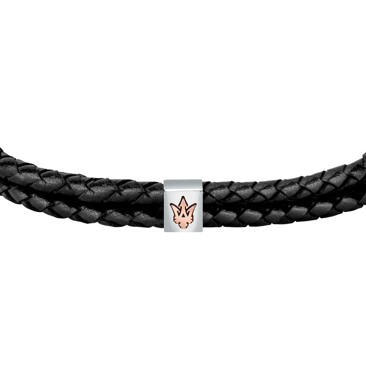 Maserati Iconic JM422AVE13 - Heren Armband - Leer & Roestvrijstaal - Zwart Zilver Roségoud - 22 cm
