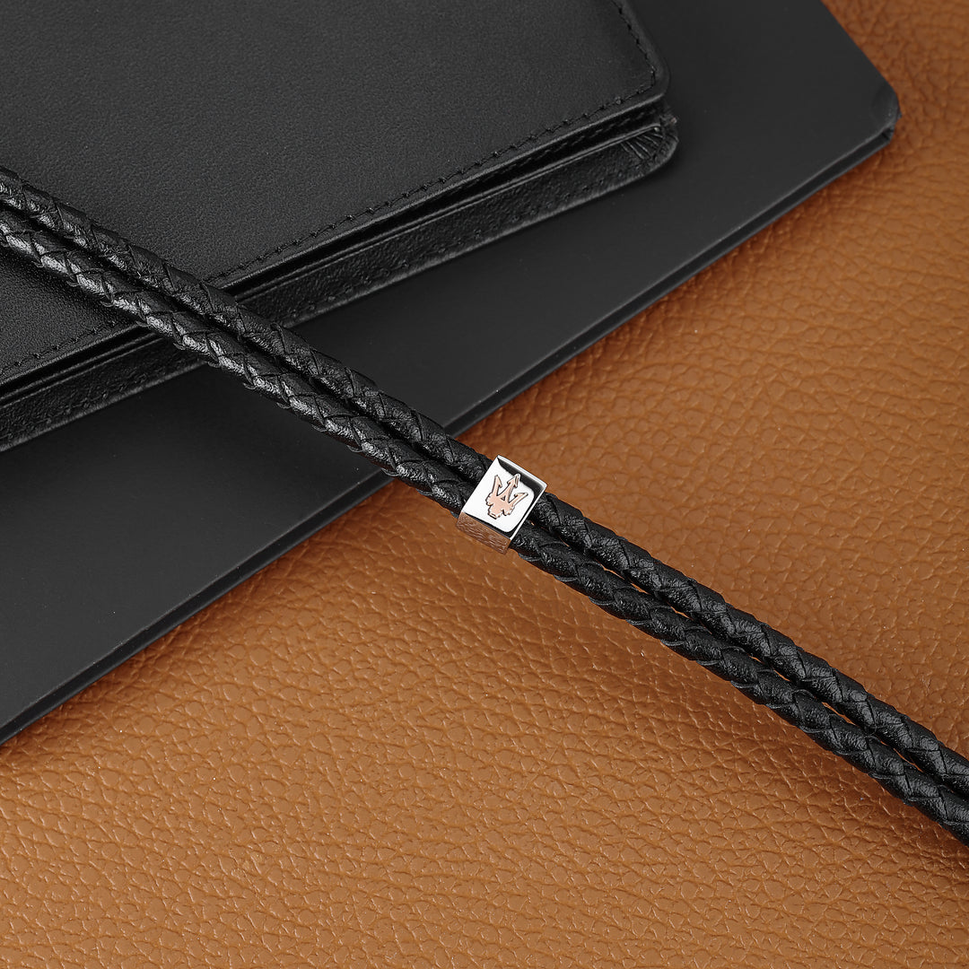 Maserati Iconic JM422AVE13 - Heren Armband - Leer & Roestvrijstaal - Zwart Zilver Roségoud - 22 cm