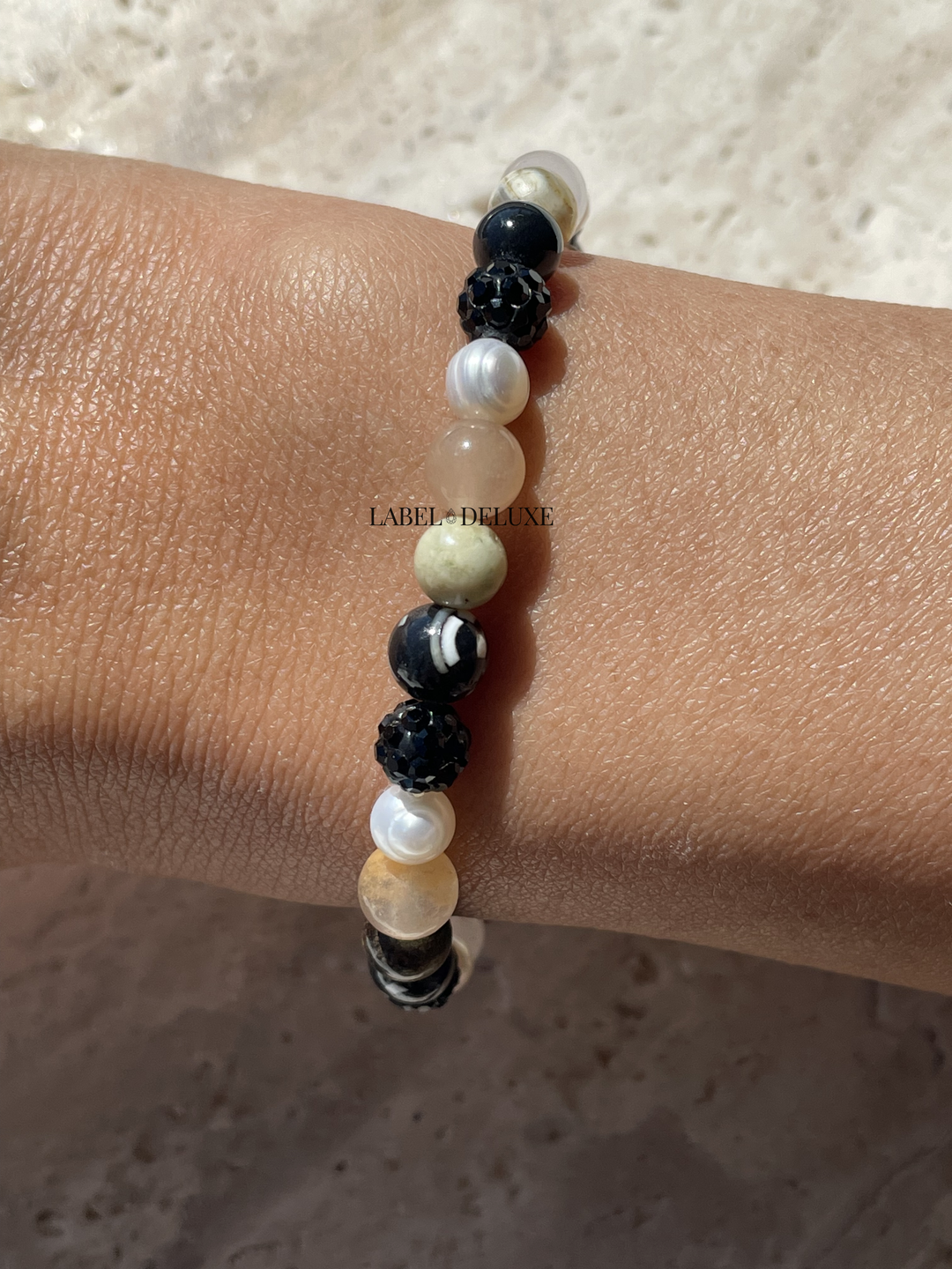 Karma Jewelry Kralenarmband 80203EL - Damesarmband - Spiral Hanae - Black Crystal Elastic - Roze Wit - XS - 18 CM