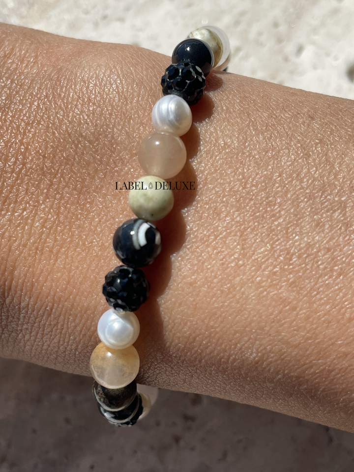 Karma Jewelry Kralenarmband 80203EL - Damesarmband - Spiral Hanae - Black Crystal Elastic - Roze Wit - XS - 18 CM