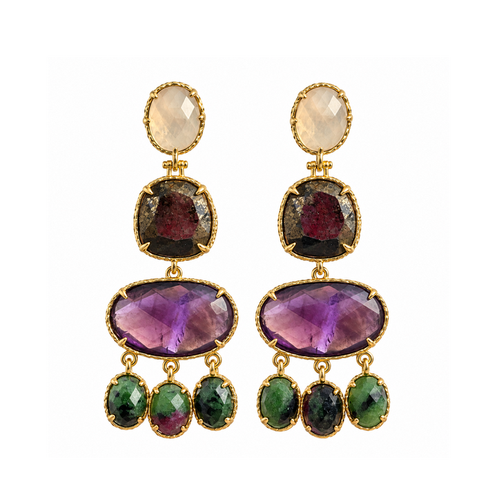 Label Deluxe Collection Earrings LDLEARzoiama - Dames Oorbellen - Zoisiet & Amethist & Pyriet - Paars / Groen - 6 CM