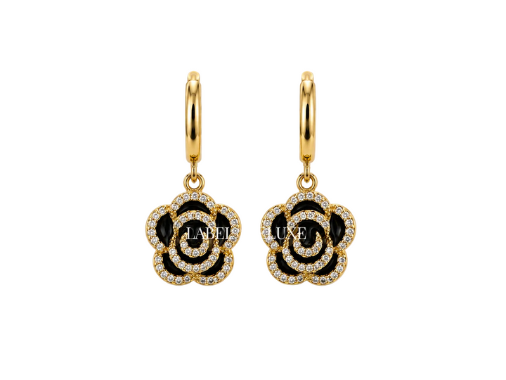 Label Deluxe Earrings LDLFP5805 - Dames Oorbellen - Hoops Flower Black Midi - Zwart/Goud - 3 CM