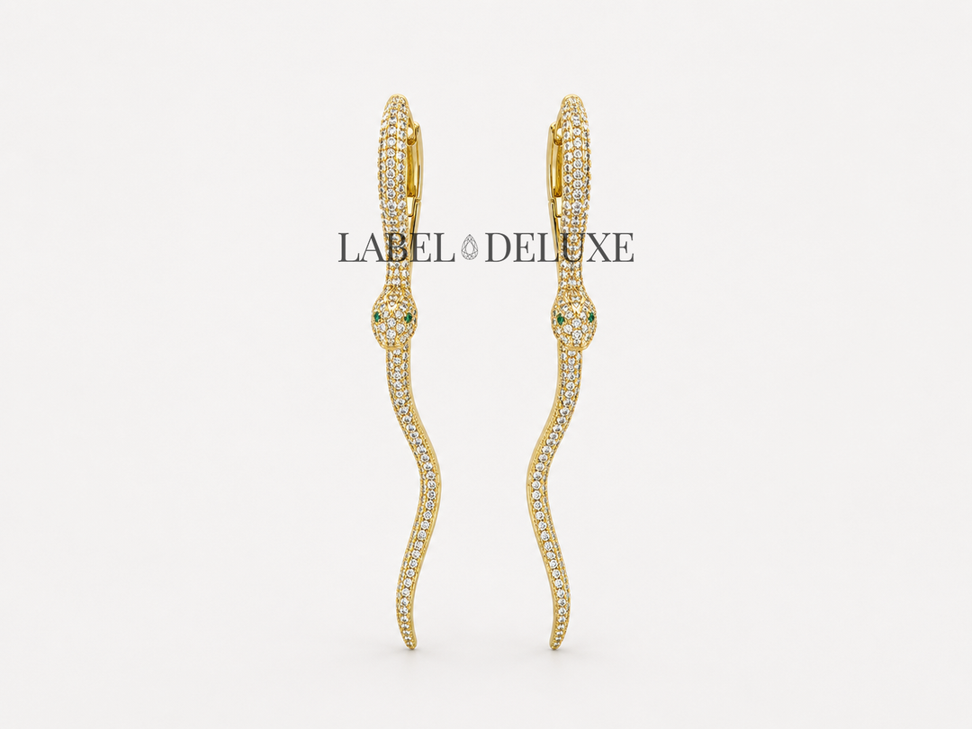 Label Deluxe oorbellen LDLHP8321 - Dames Oorbellen - Serpent Snake Strass Green - Goud - 8,1 CM