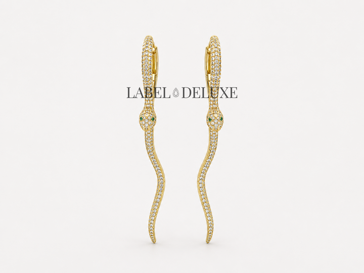 Label Deluxe oorbellen LDLHP8321 - Dames Oorbellen - Serpent Snake Strass Green - Goud - 8,1 CM