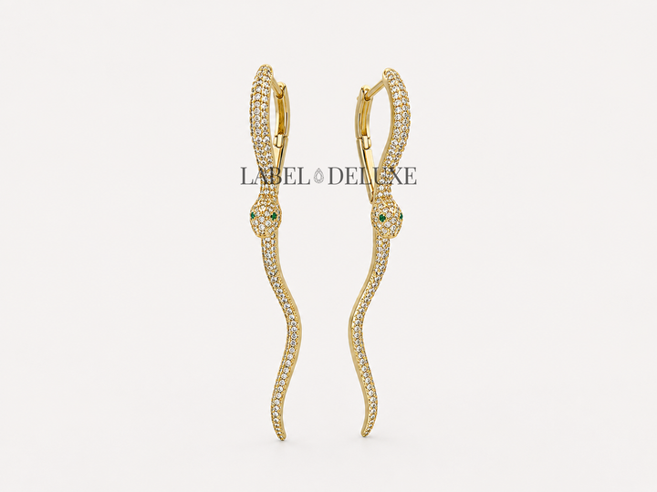 Label Deluxe oorbellen LDLHP8321 - Dames Oorbellen - Serpent Snake Strass Green - Goud - 8,1 CM