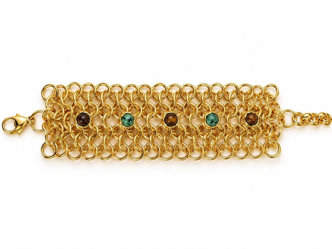 Woven Link Chain LDLbracWO - Armband - Tijgeroog en Aventurijn goud