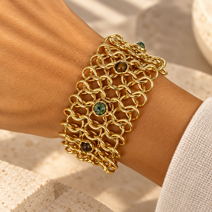Woven Link Chain LDLbracWO - Armband - Tijgeroog en Aventurijn goud