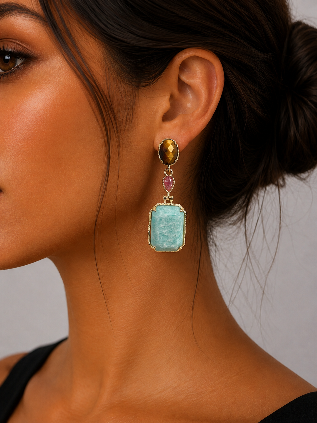 Label Deluxe Collection Earrings LDLEAR-amaztiger - Dames Oorbellen - Amazonite & Tigereye - Goud - 4 CM
