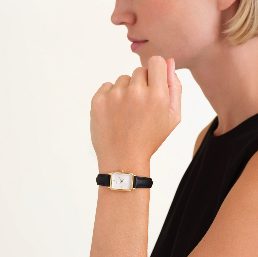 Rosefield OWBLG-O84 Octagon XS White Black Leather Gold - Dameshorloge - 19,5 x 24 mm - Wit/Zwart/Goud