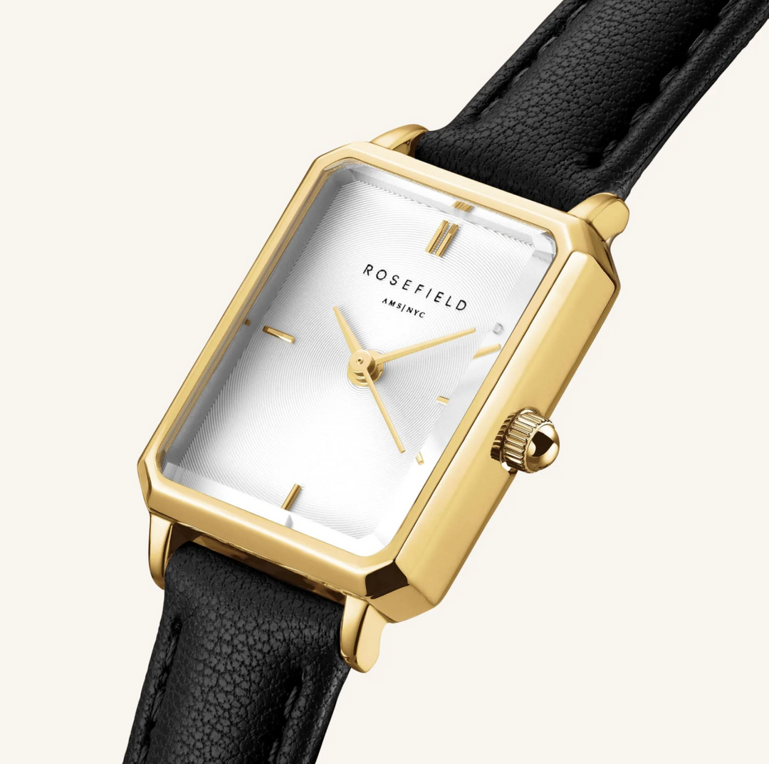 Rosefield OWBLG-O84 Octagon XS White Black Leather Gold - Dameshorloge - 19,5 x 24 mm - Wit/Zwart/Goud