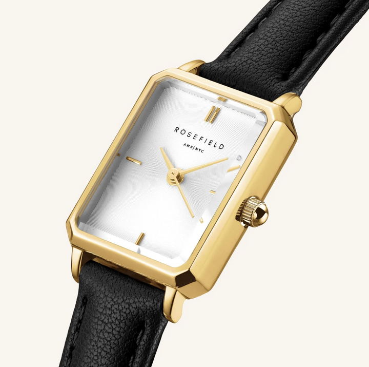 Rosefield OWBLG-O84 Octagon XS White Black Leather Gold - Dameshorloge - 19,5 x 24 mm - Wit/Zwart/Goud