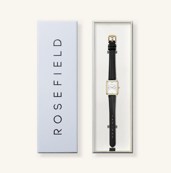 Rosefield OWBLG-O84 Octagon XS White Black Leather Gold - Dameshorloge - 19,5 x 24 mm - Wit/Zwart/Goud