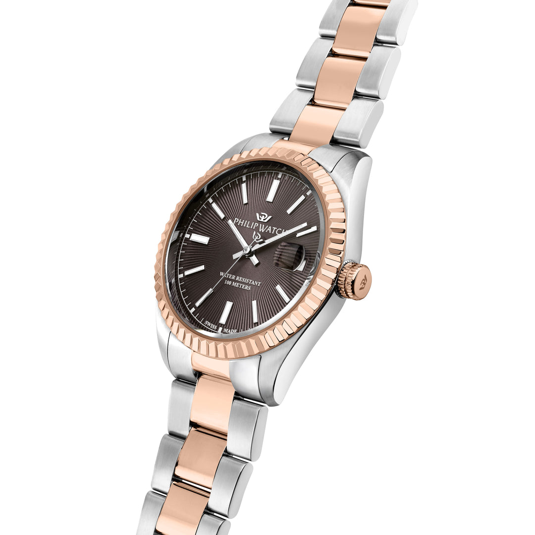 Philip Watch Caribe Urban R8253597124 - Swiss Made Herenhorloge - 39 MM - Zilver/Rosé Goud & Bruin