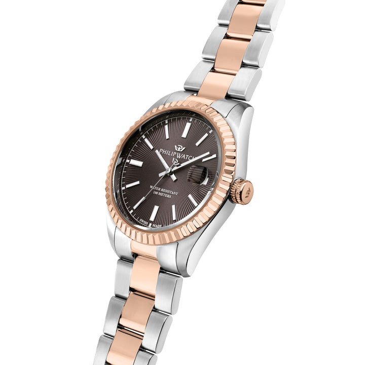 Philip Watch Caribe Urban R8253597124 - Swiss Made Herenhorloge - 39 MM - Zilver/Rosé Goud & Bruin