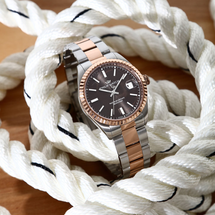 Philip Watch Caribe Urban R8253597124 - Swiss Made Herenhorloge - 39 MM - Zilver/Rosé Goud & Bruin