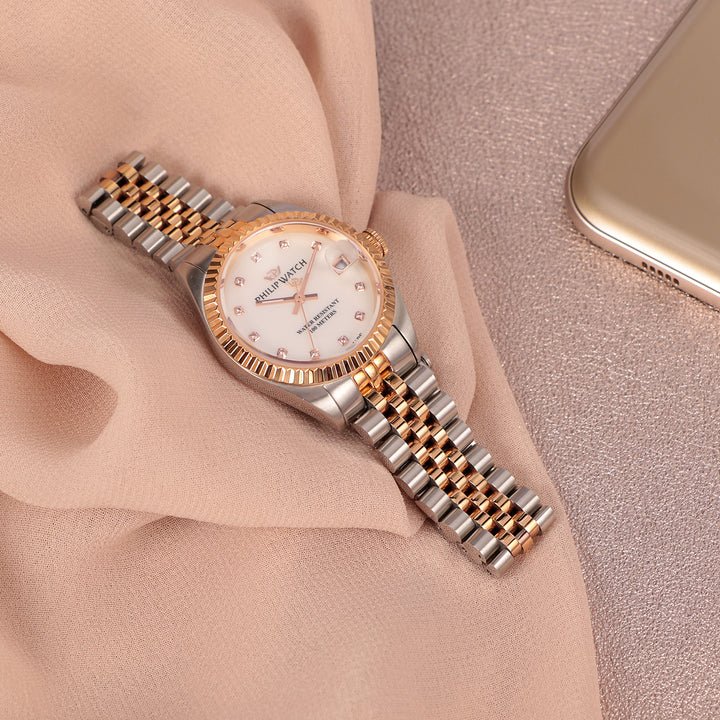 Philip Watch Caribe Urban Lady R8253597596 - Swiss Made Dameshorloge - 31 MM - Zilver/Rosé Goud