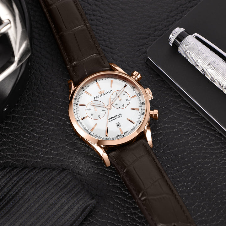 Philip Watch Sunray Classic R8271680004 - Chronograaf Swiss Made Herenhorloge - 41 MM - Wit/Rosé Goud