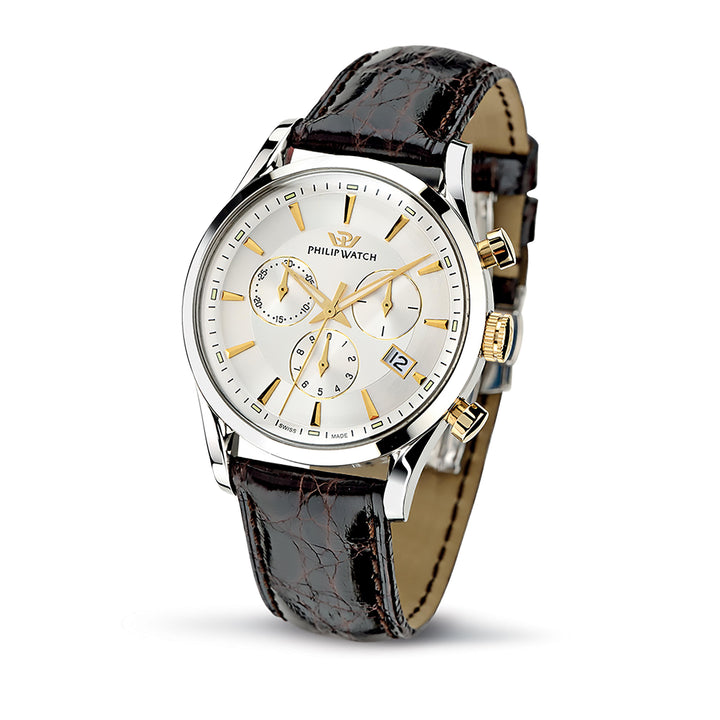 Philip Watch Collezione Sunray R8271908009 - Swiss Made Chronograaf Herenhorloge - Zilver/Goud - Bruine Leren Band 49.2×39 MM