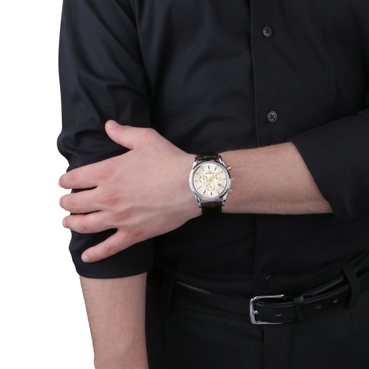 Philip Watch Collezione Sunray R8271908009 - Swiss Made Chronograaf Herenhorloge - Zilver/Goud - Bruine Leren Band 49.2×39 MM