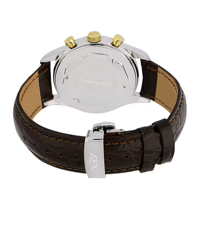 Philip Watch Collezione Sunray R8271908009 - Swiss Made Chronograaf Herenhorloge - Zilver/Goud - Bruine Leren Band 49.2×39 MM